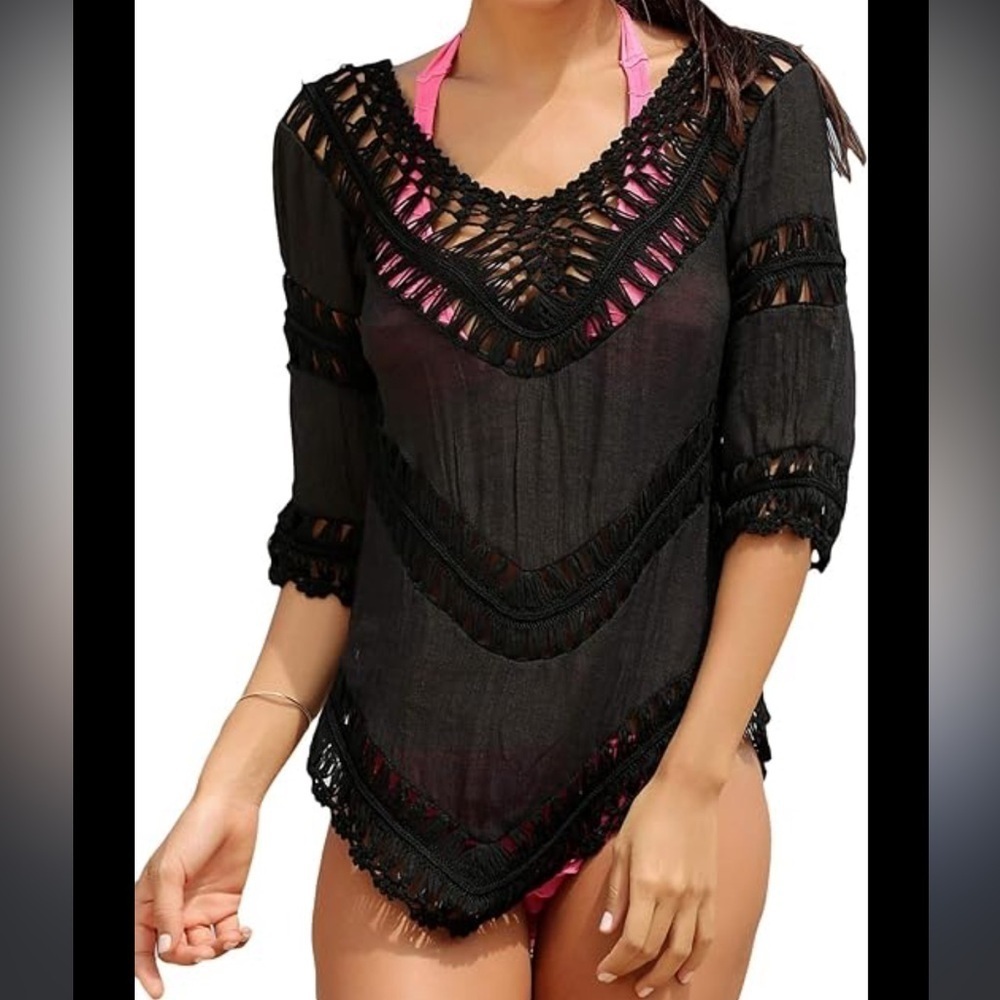 Umgee Black Crochet Semi Sheer Swim Cover Blouse Shirt Size Small
